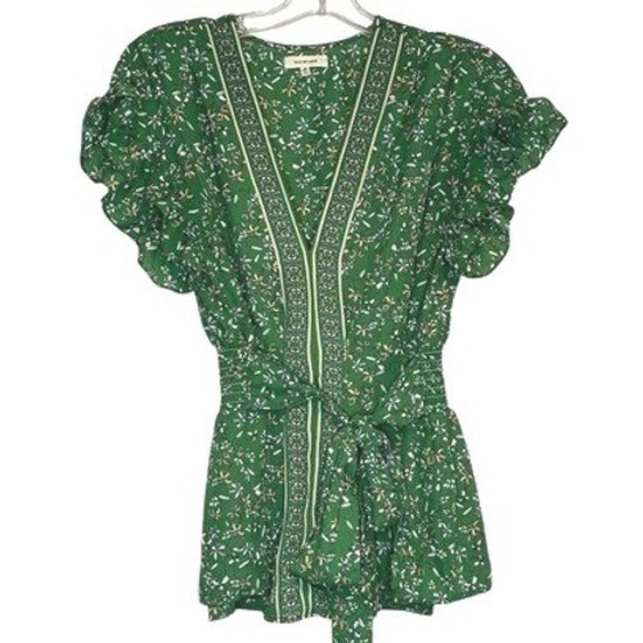 Max Studio Tops - Max Studio Peplum Blouse Green Floral Ruffle Sleeve Smocked Waist Cottagecore M